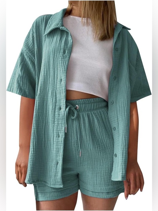 Amazon Tops - Amazon Sage Green Cotton Short-Sleeve Button-Down Shirt and Shorts Set Medium